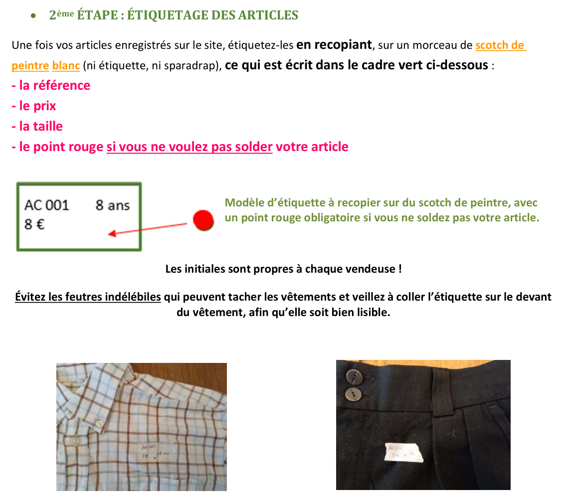 Modèle d'étiquette : référence (ex. AC 001), taille (8 ans), prix (8 €), point rouge si l'article n'est pas soldable ; exemples collés sur une chemise et un pantalon.